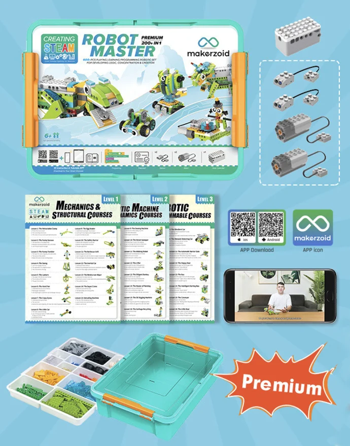 Комплектація Robot Master Premium: конструктор, два двигуни, два датчики, матеріали курсу й коробка для зберігання із сортувальним лотком