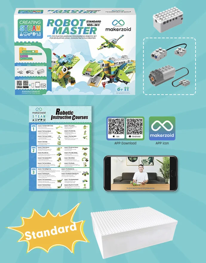 Комплектація Robot Master Standard: конструктор, один двигун, один датчик, матеріали курсу й коробка для зберігання